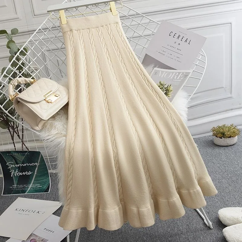 

Knitted Women's Autumn and Winter Elastic High-waisted Wool A-line Twist Large Hem Pleated Mid-length Skirt