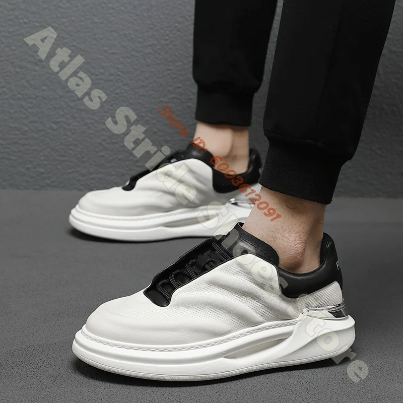 

White Black Perforated Leather Trainer Sneakers Slip On Hidden Lace Thick Platform Shoes Minimalist Business Daily Walking Shoes
