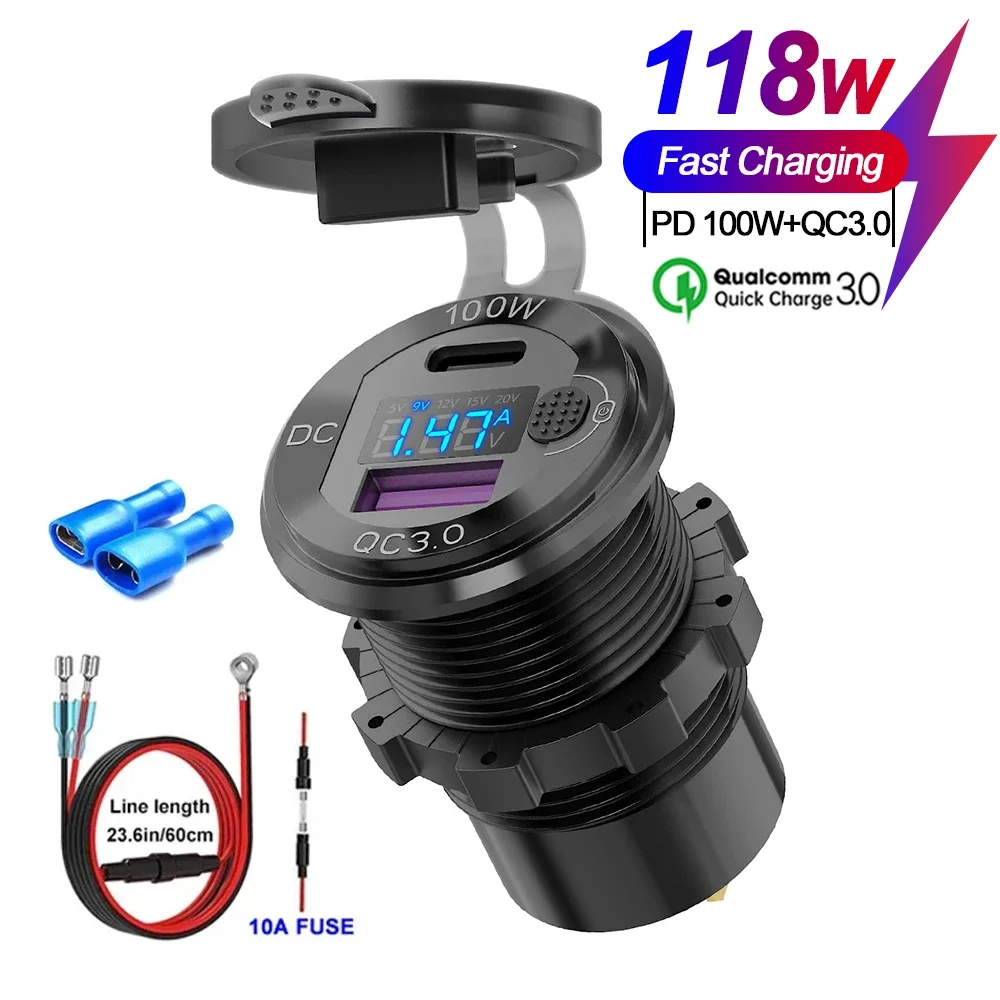 12V USB-Ausgang Aluminium-Autoladegerät PD3.0-Anschluss für Laptops Schnellladung 3.0 USB-Anschluss Wasserdicht mit Voltmeter für Wohnmobil, Boot, Bus – Detail 8