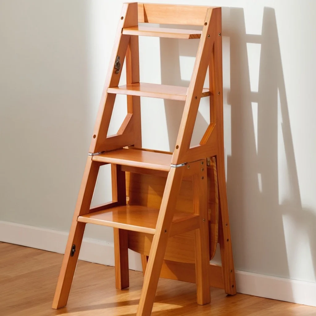 Foldable 4-Step Wooden Ladder Stool - Multi-Functional Home Step Ladders Storage Shelf, Sturdy Construction Indoor Use