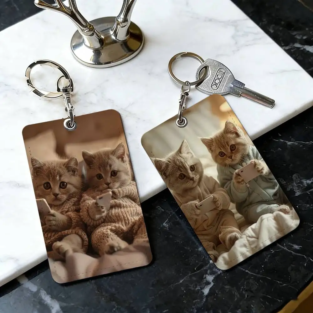 Cute Cat Holding Phone Card Holder Keychain Badge Holder ID Card Pass Hang Rope Lariat Lanyard for Key Rings Accessories Gift