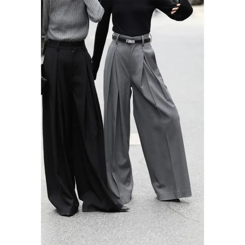 Deeptown Elegant Baggy Woman Grey Suit Pants Korean Fashion Office Lady Casual Wide Leg Trousers Harajuku Basic Pantalones