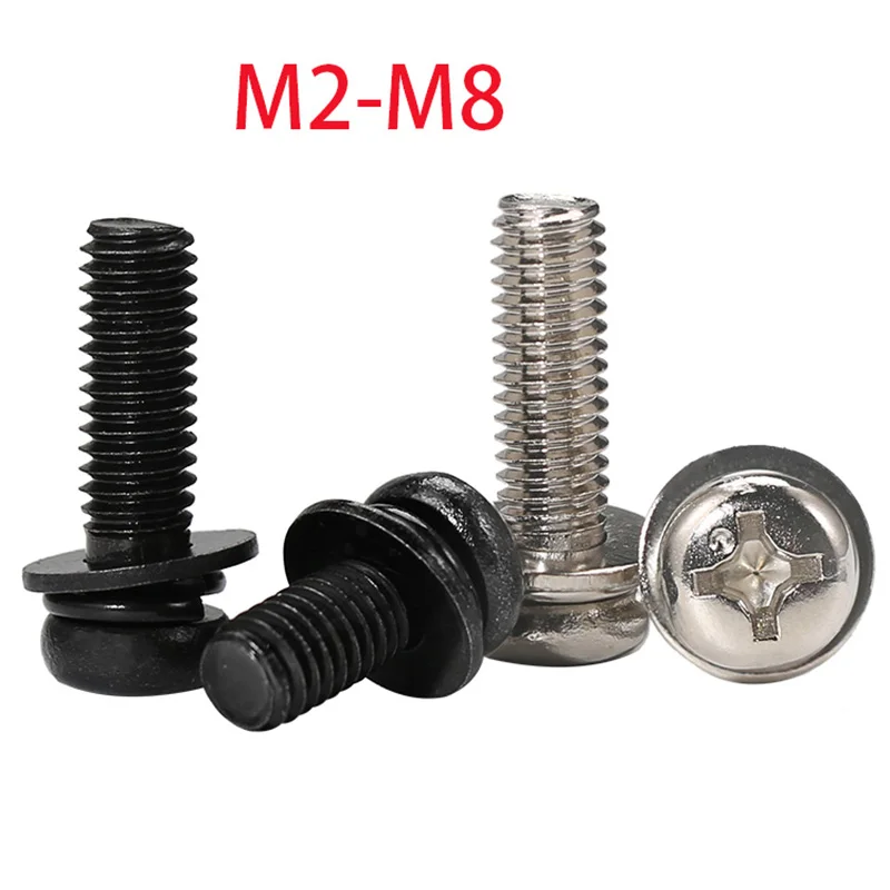 10/30/50/100pc M2 M2.5 M3 M4 M5 M6 M8 Round Head Phillips Screw Bolt Full Washers Carbon Steel Black Pan Head Full Thread Screws