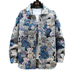 Men Teddy Bear Jacquard Woven Jacket Fashion Animal Pattern Coat 3/4 Sleeve Top Outerwear