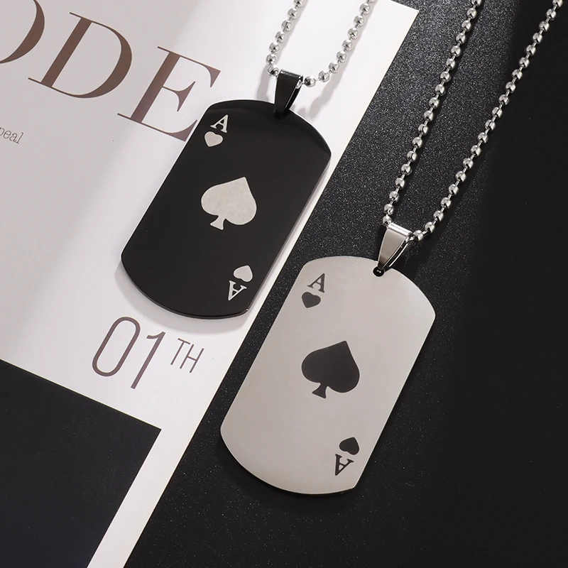 Classic Square Tag Ace of Spades Stainless Steel Pendant Necklace for Men and Women Couples Jewelry