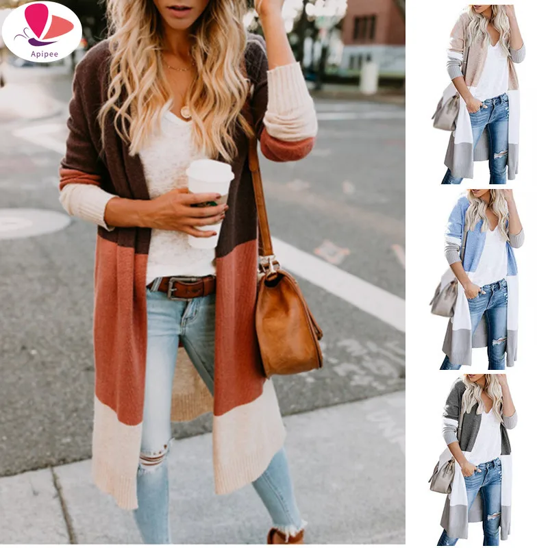 

Autumn Sweater Women Long Sleeve Patchwork Knitted Open Front Rainbow Striped Cardigan Women Coat sueter mujer invierno 2024