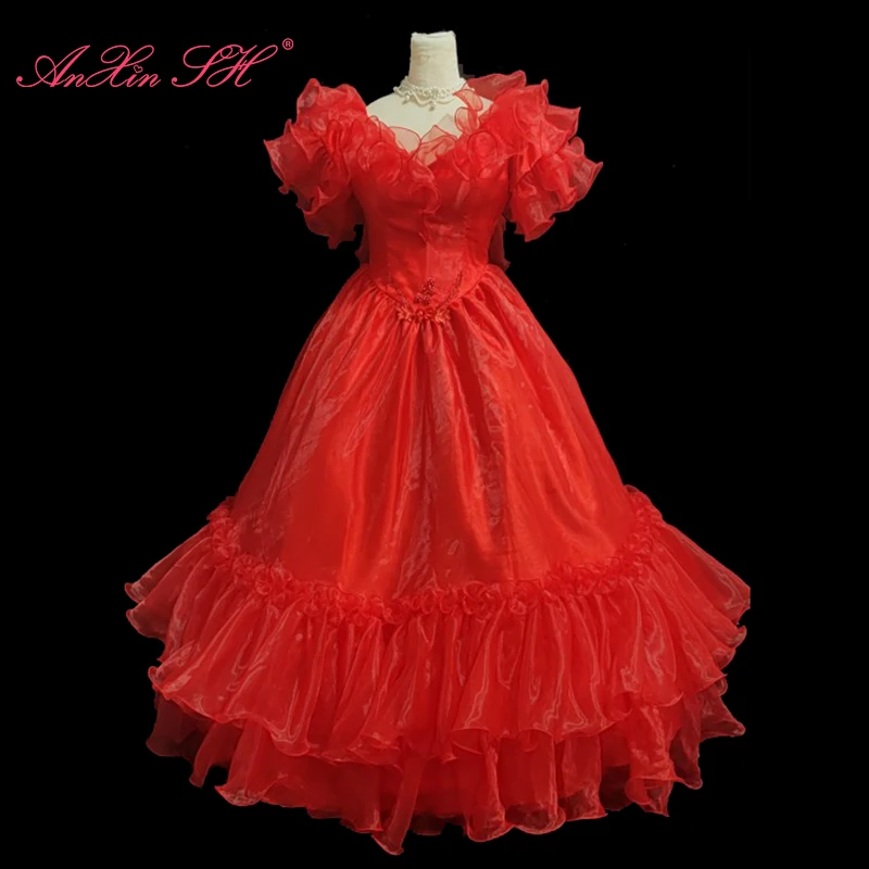 AnXin SH-Robe de mariée vintage en dentelle rouge orange, col en V, manches courtes, perles de fleurs, volants de perles, robe de mariée antique à lacets