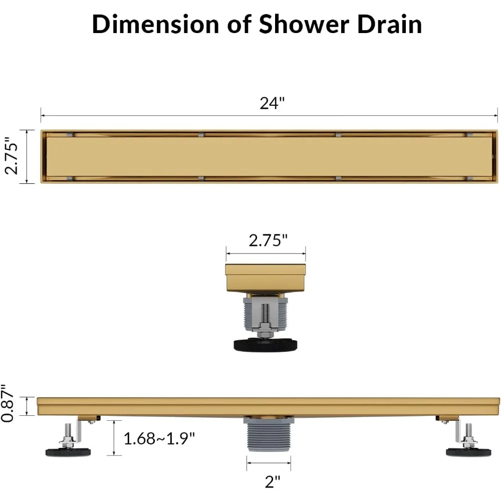 Scarico per doccia lineare da 24 pollici in acciaio inossidabile con copertura piatta e per piastrelle color oro champagne, design reversibile per pavimento senza soluzione di continuità