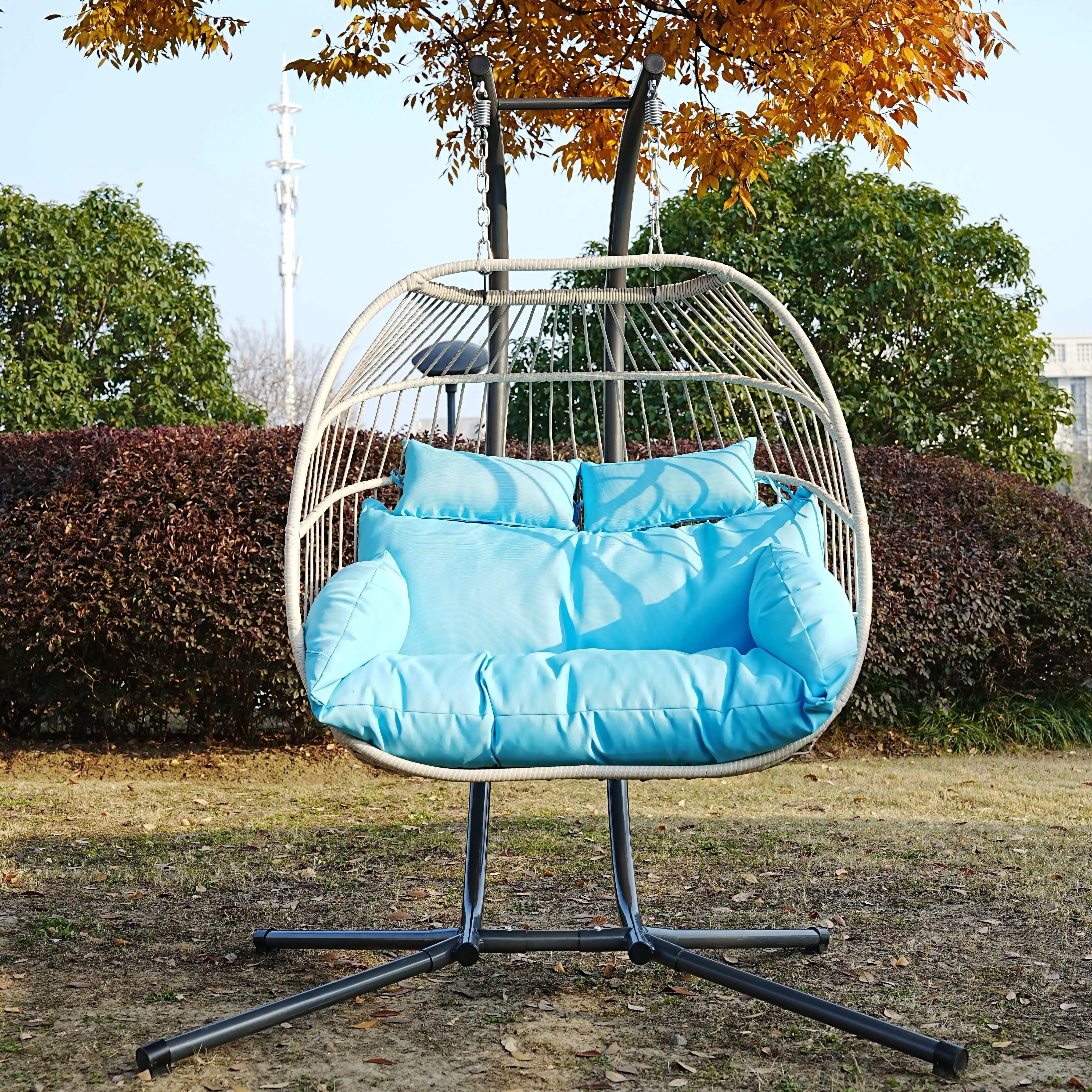 Indoor Outdoor Patio Bedroom 2-Person Rattan Hanging Egg Swing Chair With Cushion
