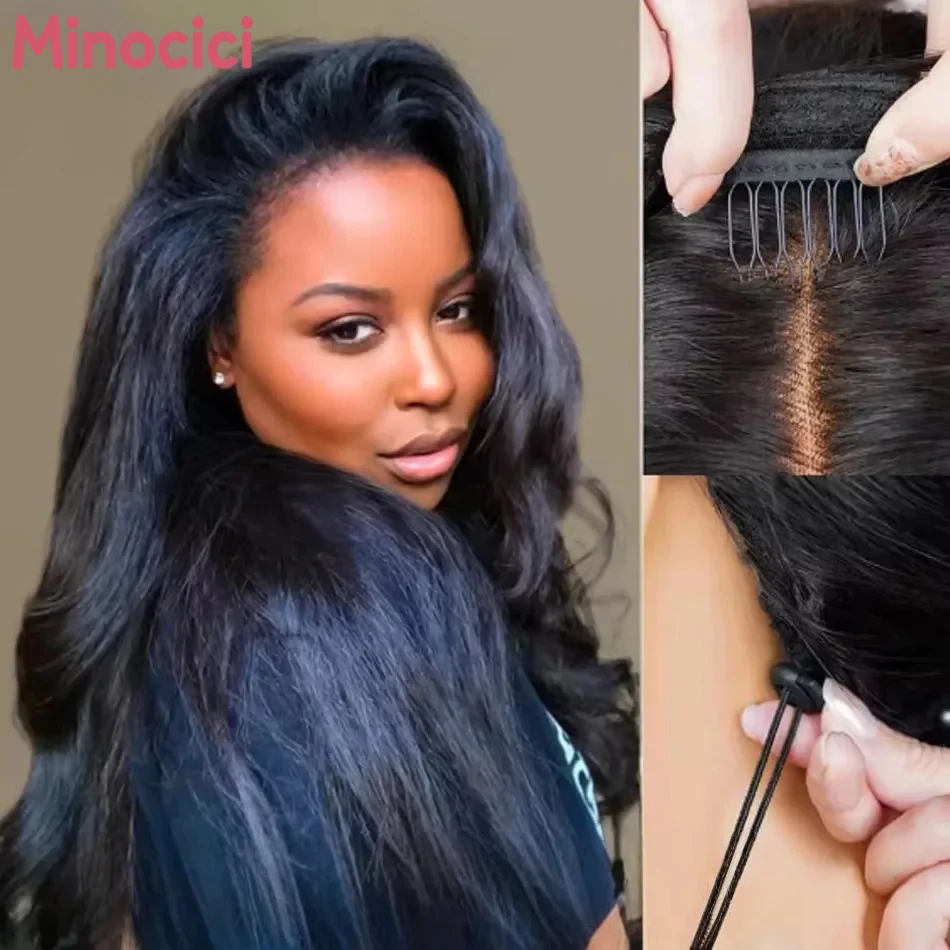 Demi-perruque 3-en-1 en cheveux humains, texture Kinky Straight, densité 250, sans colle, avec cordon de serrage, 40 pouces, prête à porter pour femme