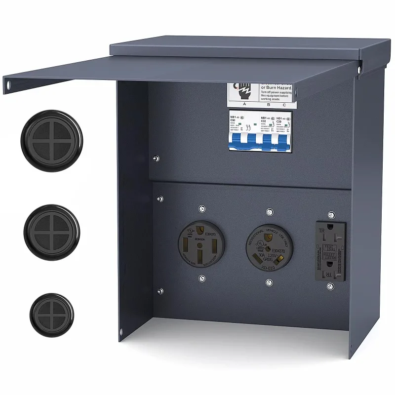 

Weatherproof Outdoor RV Receptacle with 20 30 and 50-Amp Breaker Prewired Unmetered Temporary RV Power Outlet Panel Box for Grey