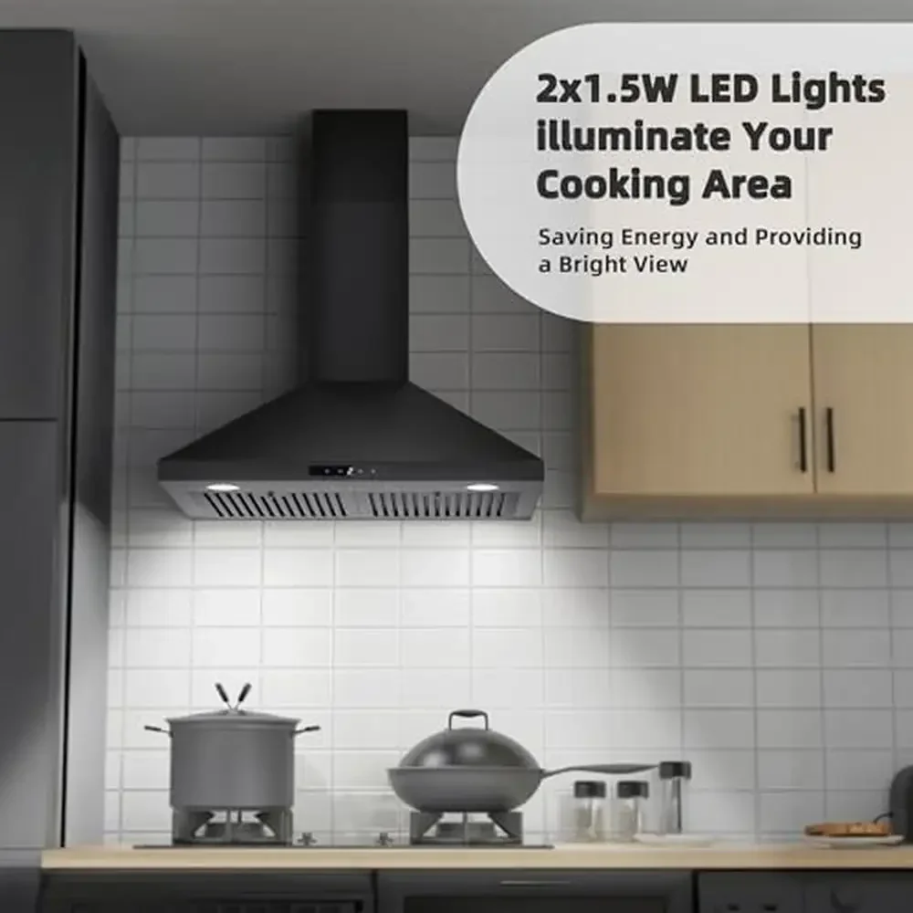 30" Black Convertible Wall Mount Range Hood Brushless Motor 450 CFM 9 Speed Fan Soft Touch Controls Ductless Option Energy