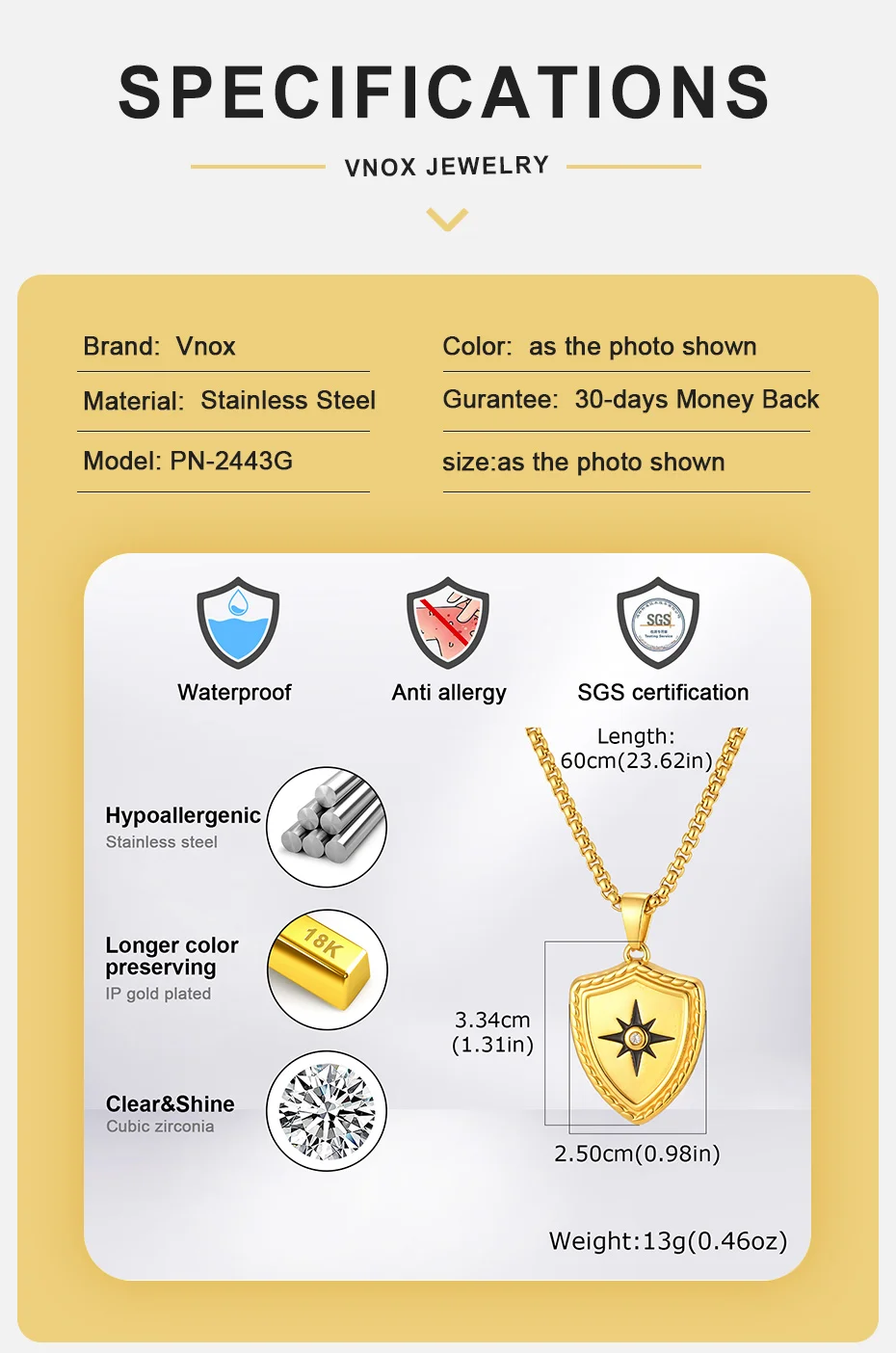 Vnox Edelstahl-Schutzschild-Halskette für Herren, 8-Zackiger Stern-Anhänger mit Weißem Zirkon, Kastenkette in Gold- und Silberfarbe, Punk-Amulett-Geschenk – Detail 4