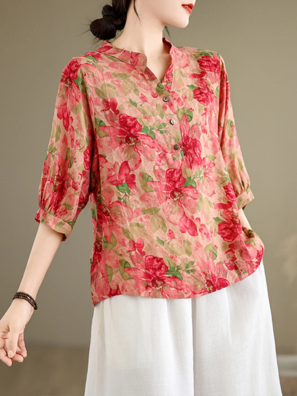 

Ретро-блузка из льна и хлопка с цветочным принтом, женская летняя свободная рубашка с коротким рукавом, V-образным вырезом, на пуговицах, для повседневной носки, с принтом