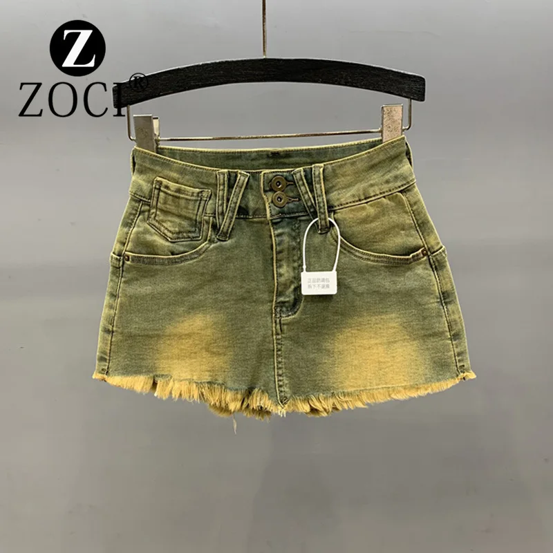 [ZOCI] Washed Nostalgic Color Girl Ultra Short Denim Skirt, Stretch Slim Fit A-line Fringed Waist Wrapped