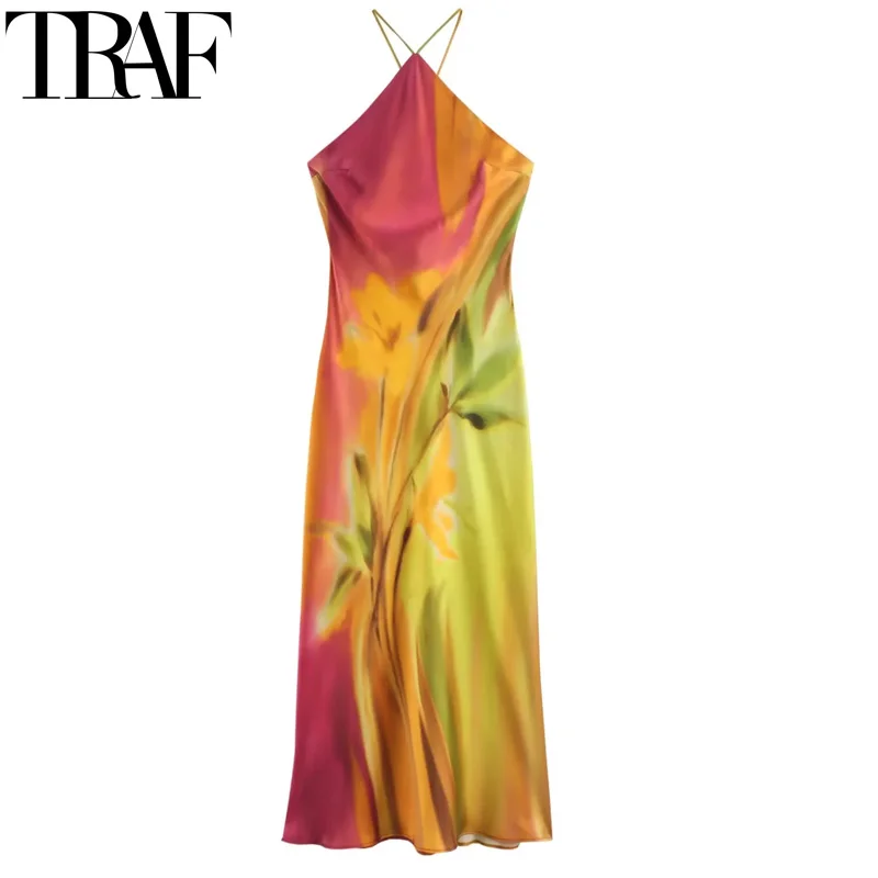 TRAF Womens Dresses Tie Dye Long Dress Women Halter Neck Off Shoulder Midi Dresses Woman Print Summer Backless Satin Dress