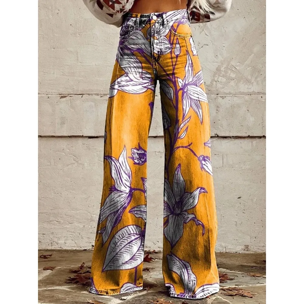 Vintage Paisley Blumenmuster Hohe Taille Weite Hose Sexy Damenhose 100% Baumwolle Lässige Lockere Hose mit Taschen XXS-3XL – Detail 2