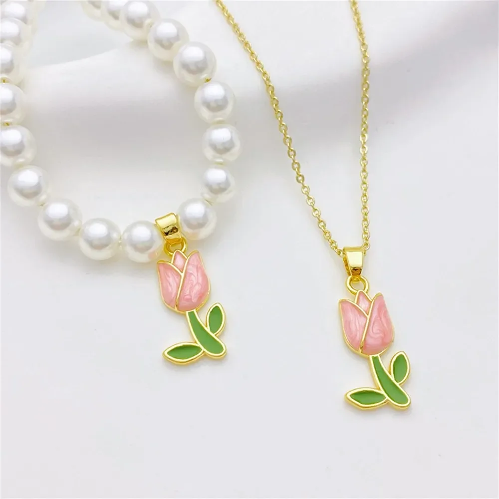 14K Gold-plated Pink Drip Oil Tulip Charm Pendant Handmade Diy Bracelet Necklace Jewelry Material Accessories