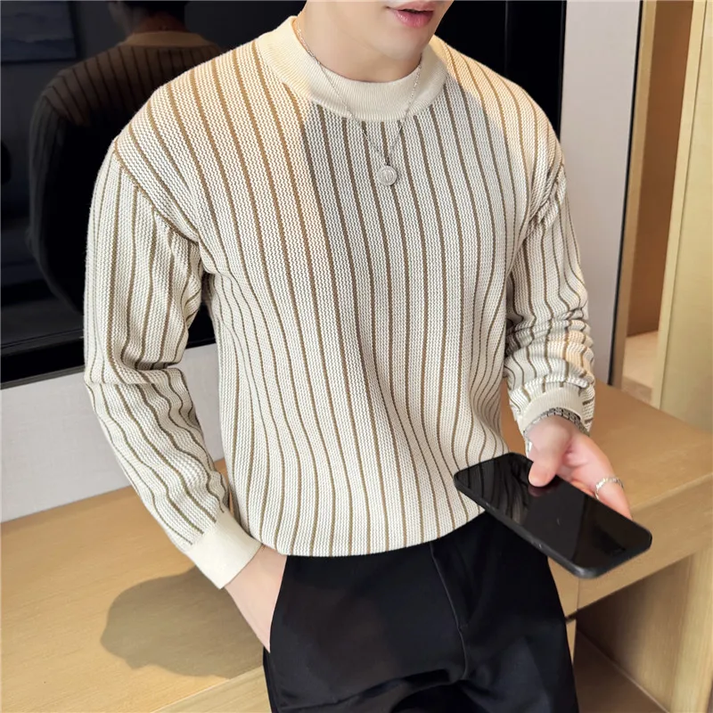 Autumn Winter Sweater Men High Quality Korean Luxury Clothing Vertical Stripes Thick Mens Casual Sweaters Loose Pull Homme 4XL-M