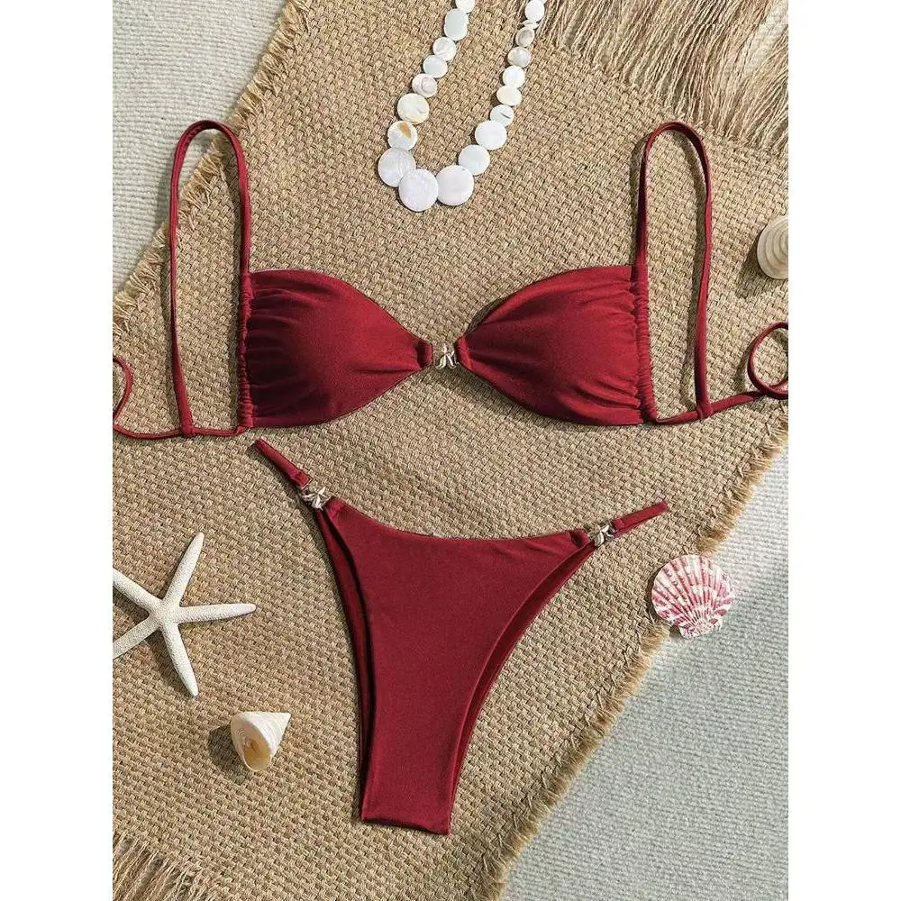 

Cikini Women's Sexy Bikini Two Pieces Set Accessories Glossy Texture Special Fabric Solid Color Summer Beach Swimwear