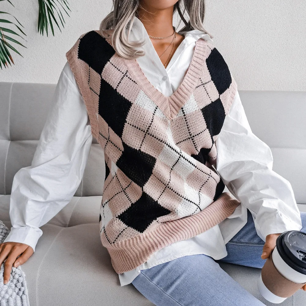 2024 Autumn Winter Women's Sweater College Style Diamond Shaped Pullover V-neck Casual Loose Knit Vest Sweater Women's Clothing