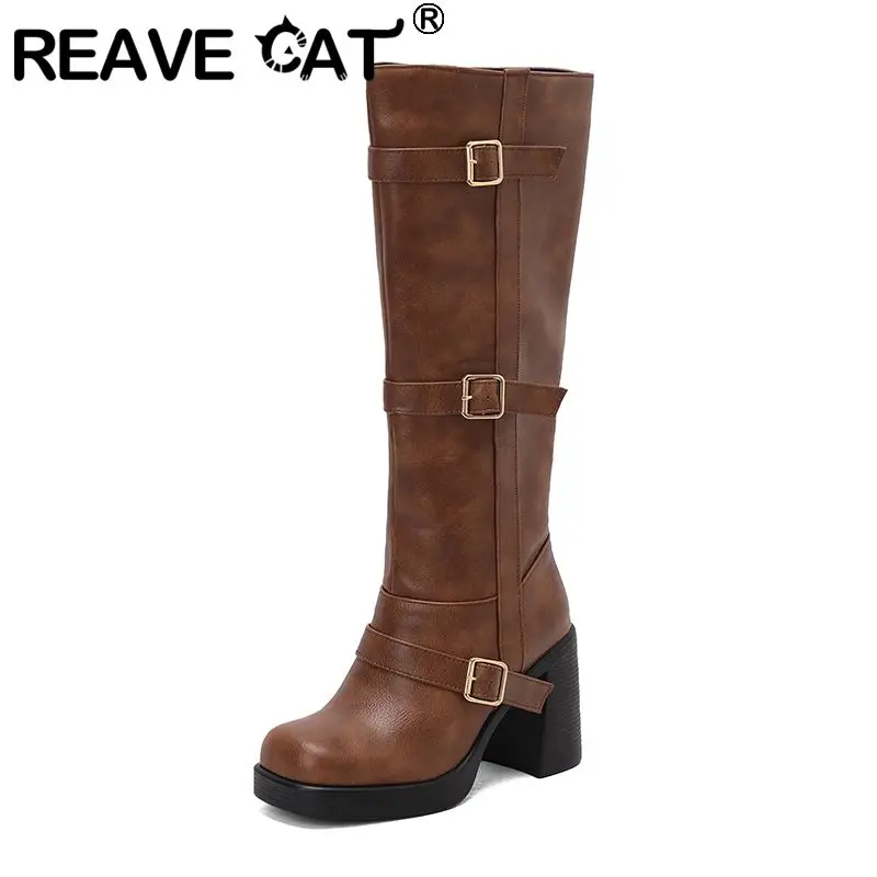 REAVE CAT 2026 Casual Women Knee High Boots Square Toe Chunky Heels 9cm Platform 2cm Zip Buckles 42 43 44 Daily Shoes