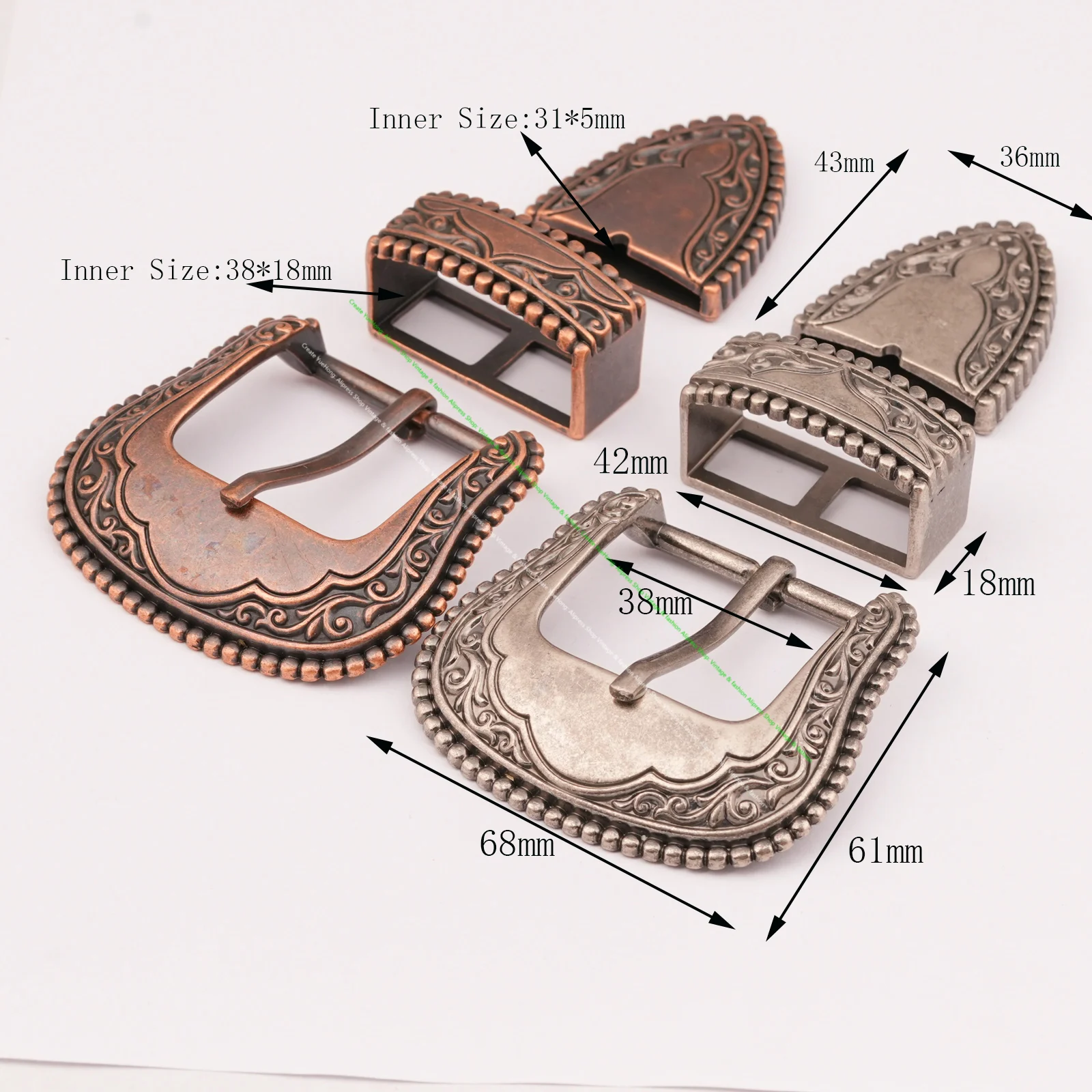 38mm Vintage Western 3-Piece Belt Buckle Set Antique Copper Floral Engraved Buckle Loop Tip Kit for Cowboy Cowgirl Belt Crafting