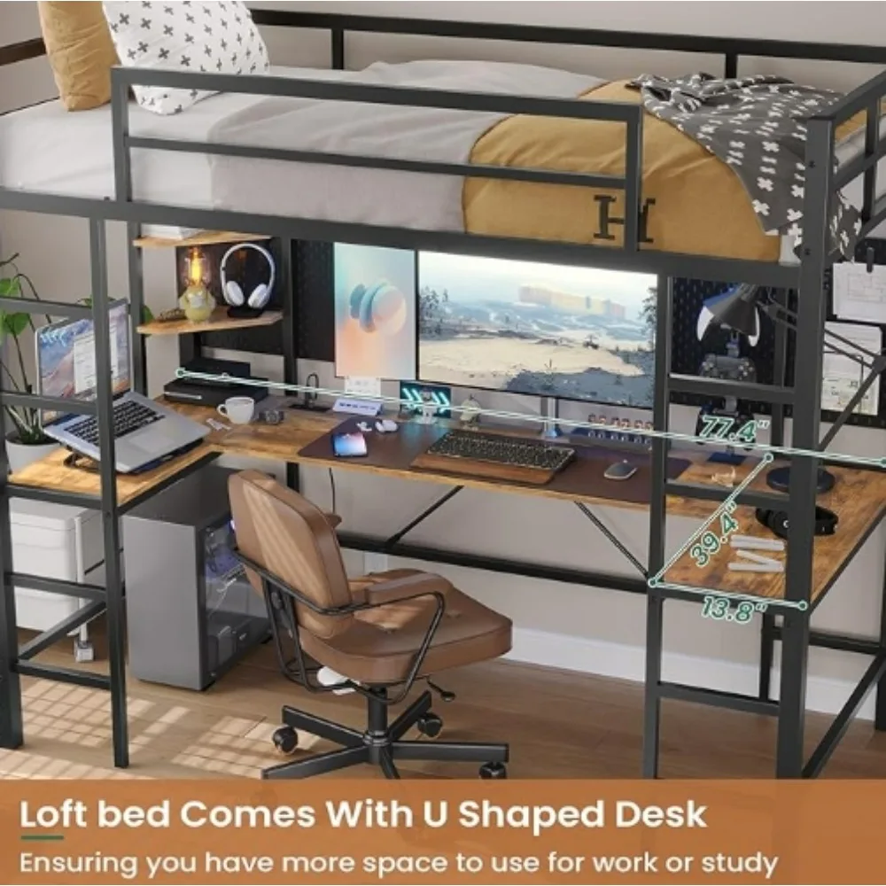 Twin Size Loft Bed with U Shaped Desk and Led Lights Twin LED Loft Metal Bed Frame with Charging Station and Storage Shelves