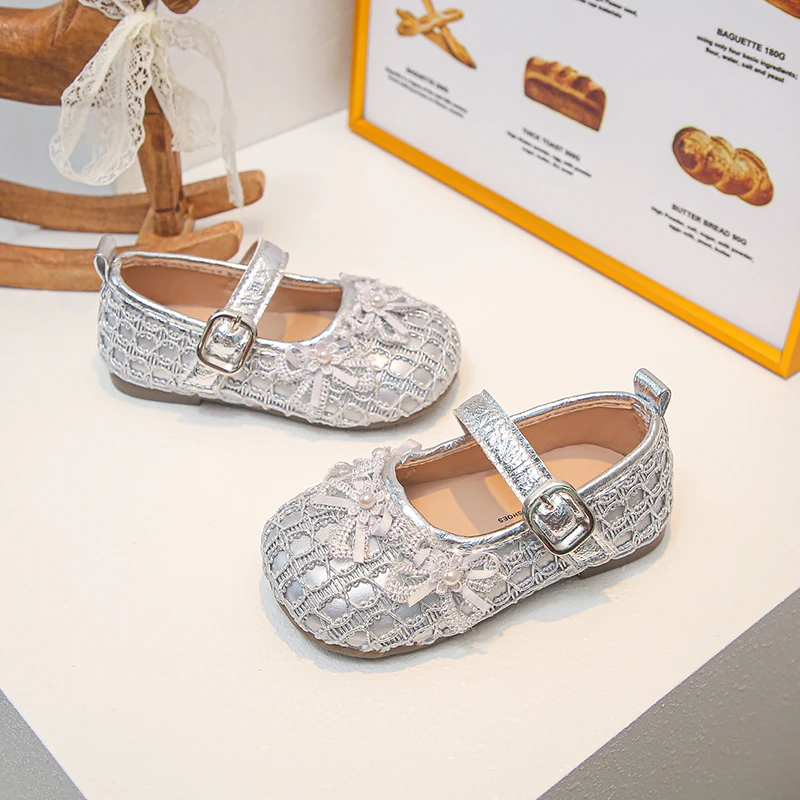 Girls Mary Jane Flats Toddler Little Kids Lace Pearl Bow Buckle Strap Soft Non‑Slip Sole Princess Dress Party Footwear