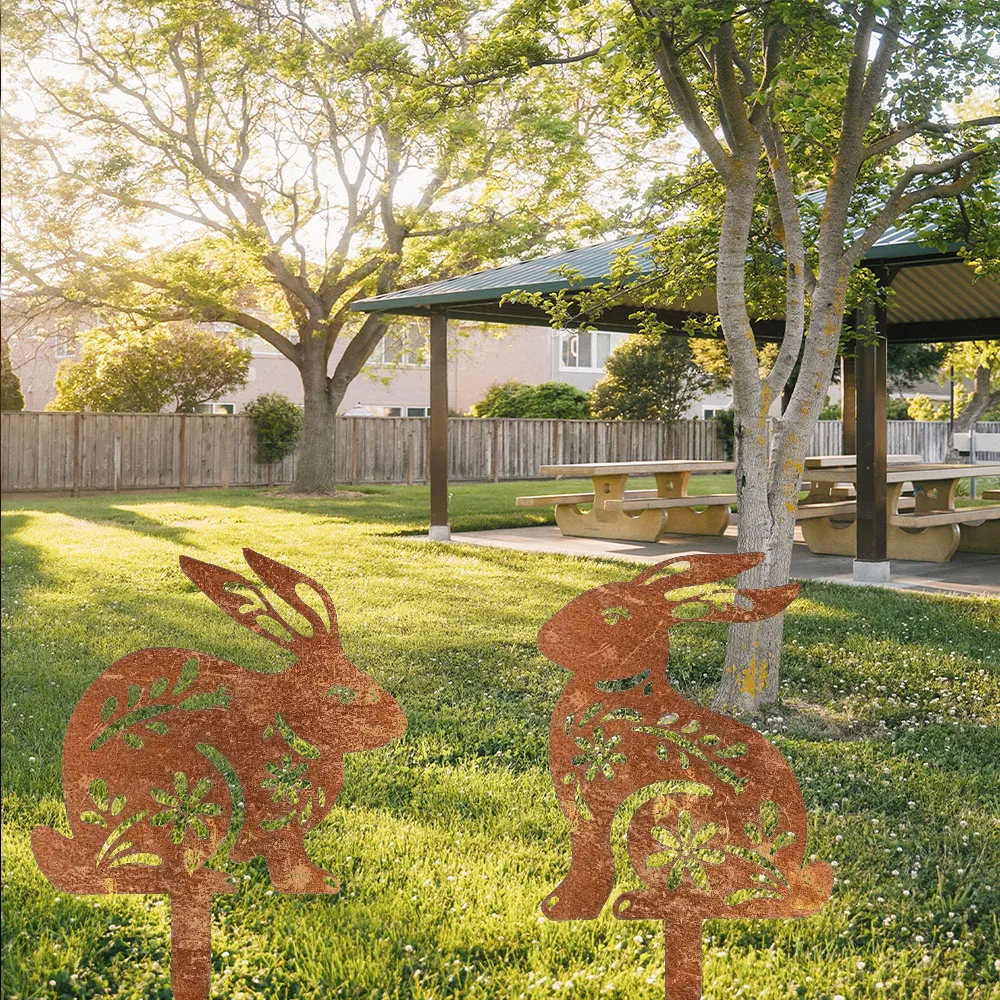 Unique Rustic Metal Rabbit Garden Stakes – Distinctive with Rusty Look. Unusual for Outdoor Decor. Ideal for Backyard