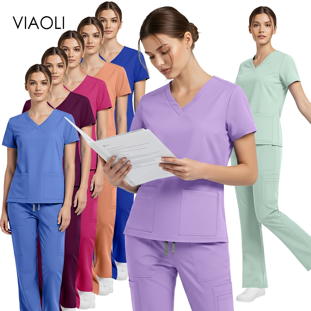Nurse Uniforms Women Medical Scrubs Clothes Straight Pants Set Pocket Nursing Suit Operating Room Clothes Beauty Salon Work Wear
