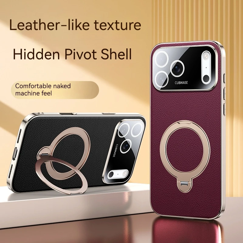 Für iPhone 17 16 15 14 13 Pro Max Handyhülle, IPhone Air Luxuriöse rotierende Metallhalterung aus PU-Leder zum Schutz der hinteren Abdeckung