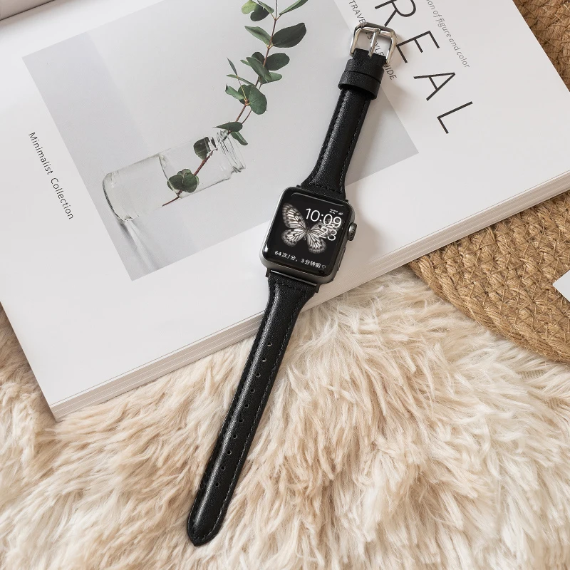 Correa de cuero delgada para Apple Watch 10 46mm 42 44 40 38 45 41mm ultra 2 49mm pulsera iWatch serie 10 9 8 7 6 SE 5 4 Correa