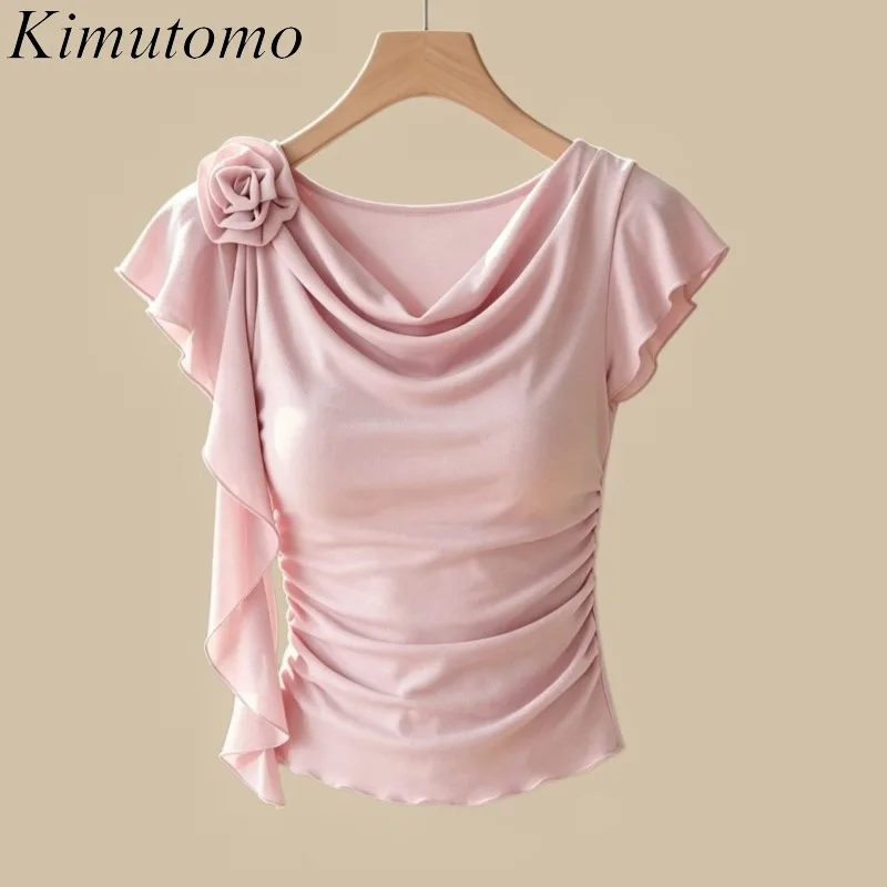 Kimutomo Women T Shirts Flowers Ribbon Short Sleeve Swinging Collar Fashion Elegant Vintage Tops Y2k Harajuku Female Casual Tee