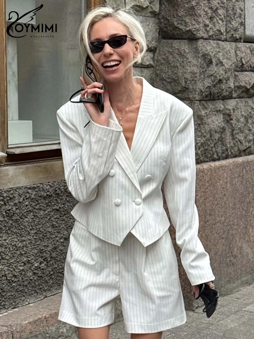 

Oymimi Fashion White Print 2 Piece Sets Woman Outfit Elegant Elegant Long Sleeve Double Breasted Shirts And Pockets Shorts Sets