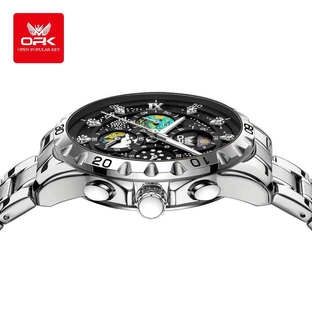 Reloj de cuarzo para hombre con tira de acero y sincronización multifuncional OPK 8175