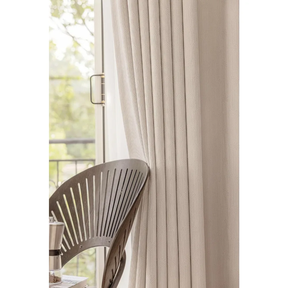 Gorden Blackout Ruang Tamu Warna Solid Chenille Jacquard Beige, 52x54 Inci, 2 Panel, Privasi & Penahan Cahaya