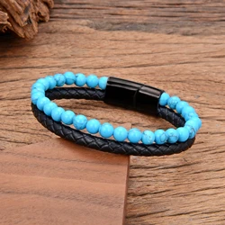 11 Style Natural Stone Beads Men's Bracelets Genuine Leather Braided Chain Bracelet For Women Charm Stainless Steel Jewelry