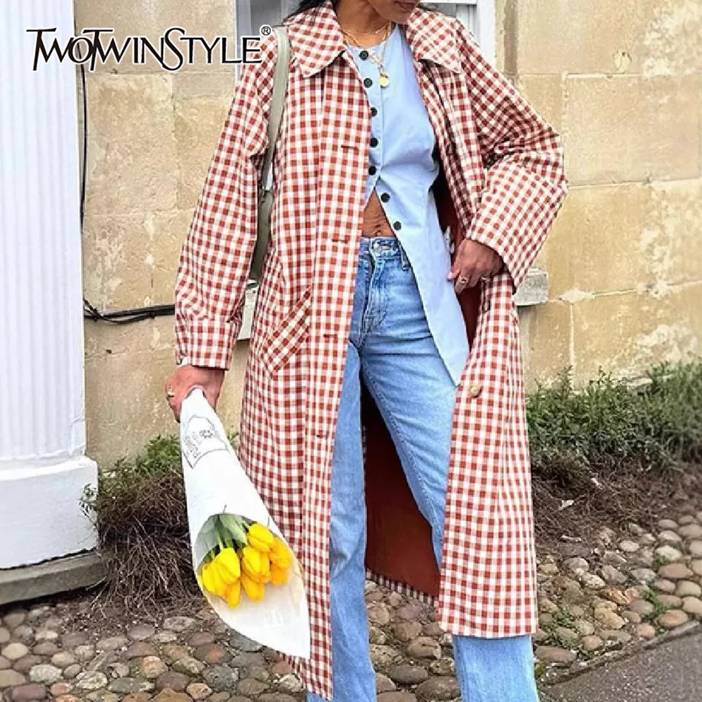 

TWOTWINSTYLE Casual Streetwear Check Jacekt for Women Lapel Long Sleeve Spliced Pockets French Retro Office Coats Female Autumn