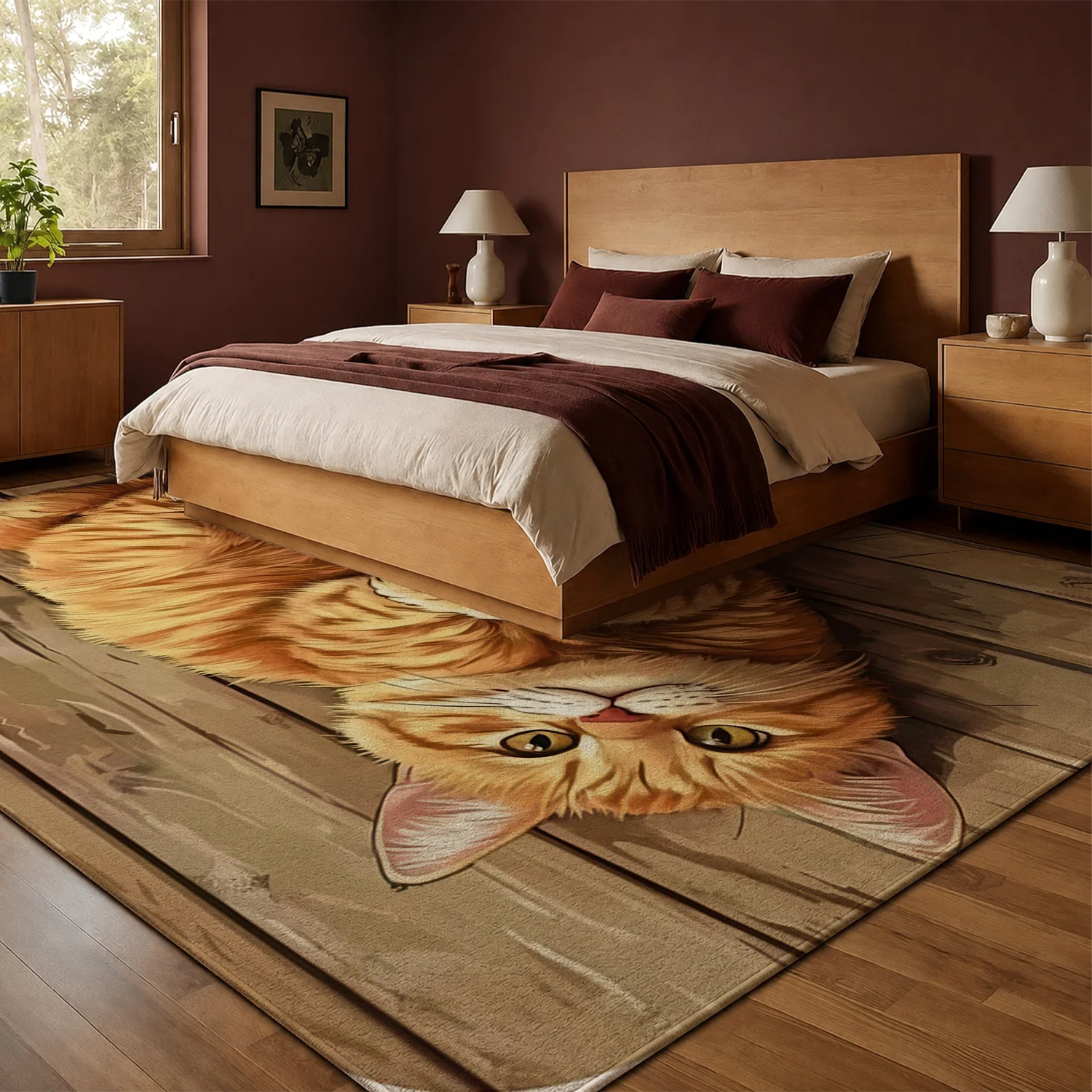 Large Indoor Area Rug Soft Velvet Low Pile Non-Slip Dotted Backing Machine Washable Cute Ginger Tabby Cat on Wood Plank Pattern Floor Rug for Living Room Bedroom Entryway