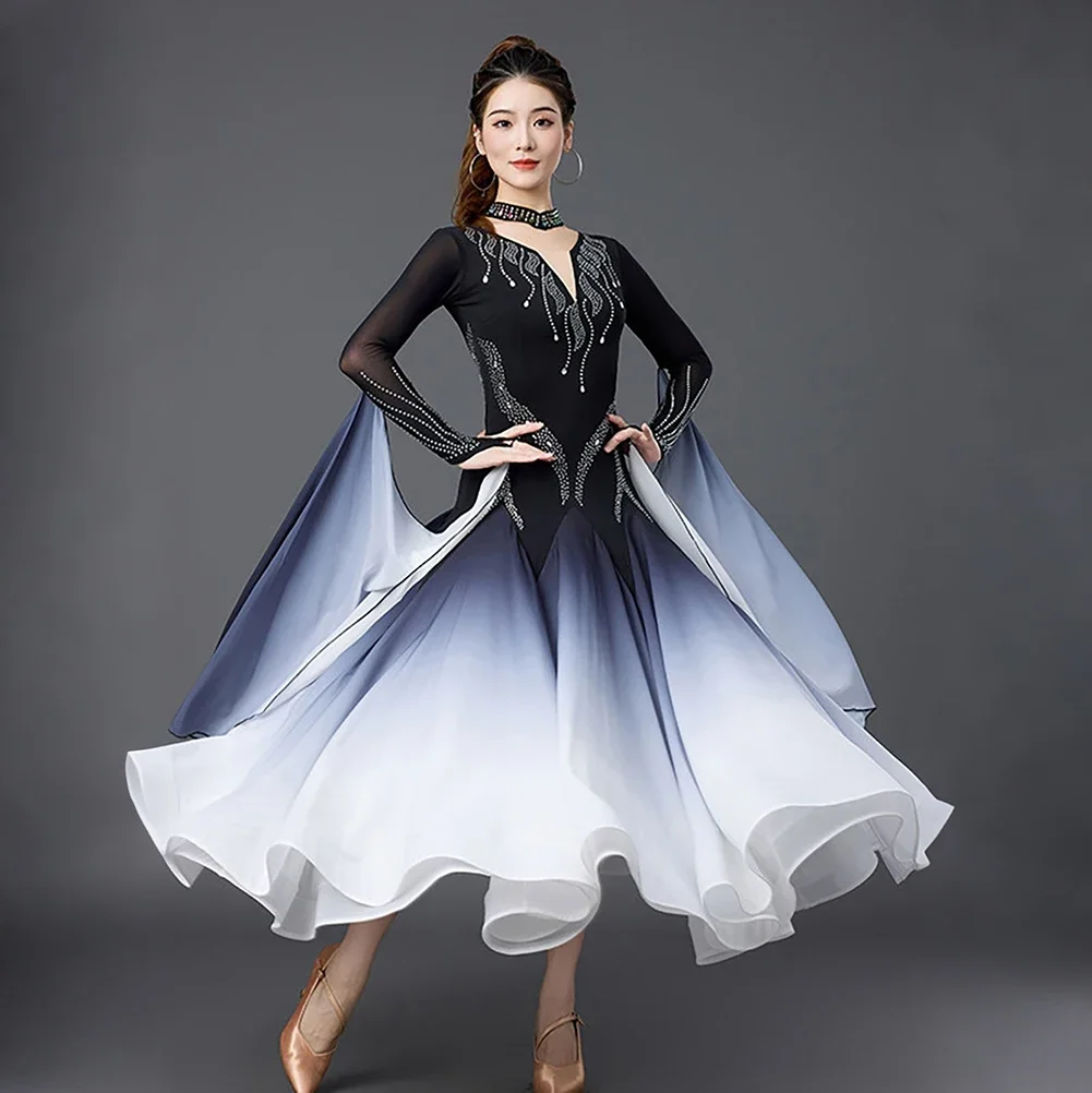 Long Sleeve Competition Elegant Waltz Ribbon Stage Costume Show Women's Modern Dance Gradient Standard Dance Dress