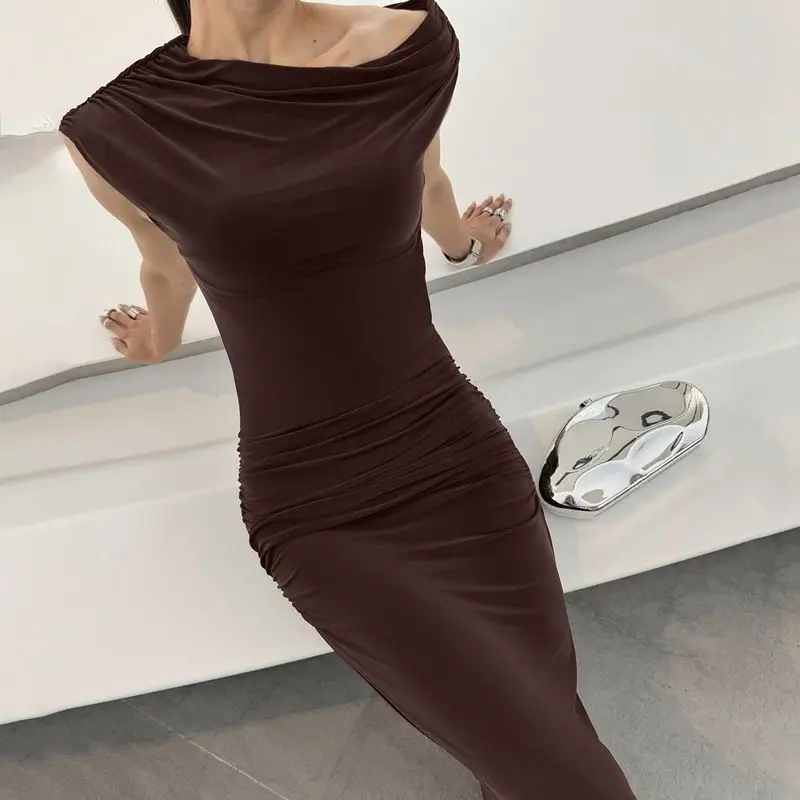 Sexy Ruched One Shoulder Bodycon Dress Summer Spring Tight Fitted Long Dresses for Women Evening Dress Jumpsuit Playsuit 4