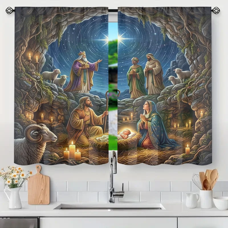 Semi Translucent Nativity Scene Window Curtains Christmas Starry Night Jesus Mary Decorative Boho Living Room Panels Light Filte
