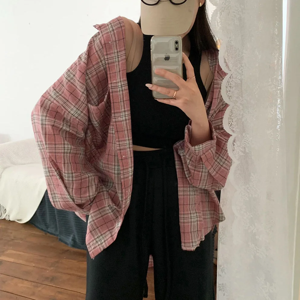 

Versatile Comfortable Plaid Shirt Loose Fit Commute Friendly Turn-down Collar Women's Fashion Spring Season Long Sleeve