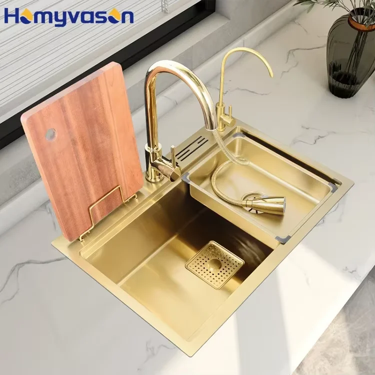 

78/82*46cm 304 Stainless Steel Luxurious Royal Golden Manufacturing Single Above Counter Large Kitchen Sink with Deep Bowl