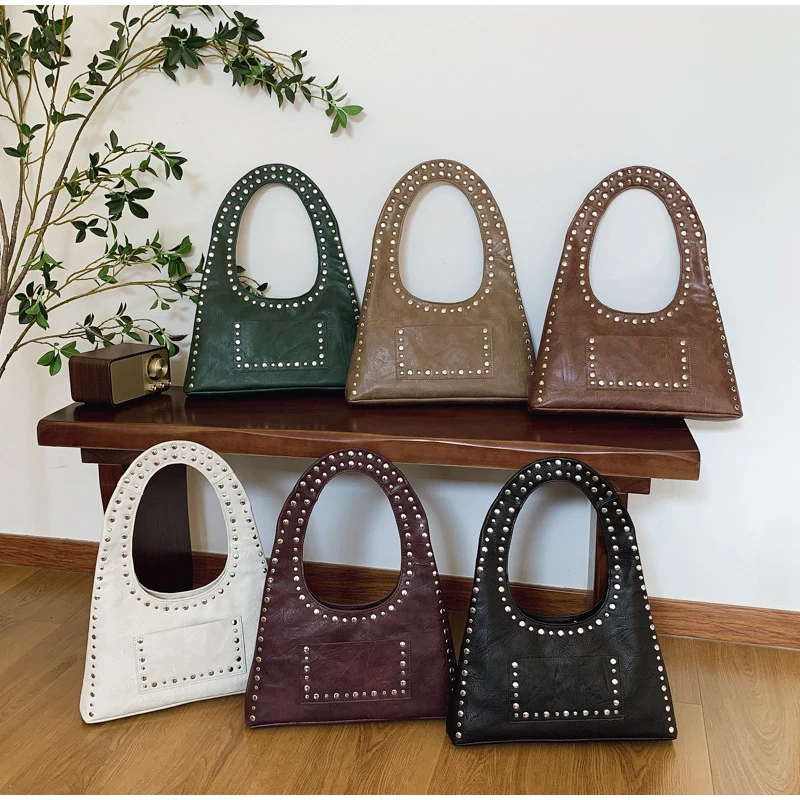

Retro Maillard Style Rivet Armpit Bag European And American Motorcycle Style Women Studded Purses Leather Shoulder Handbag