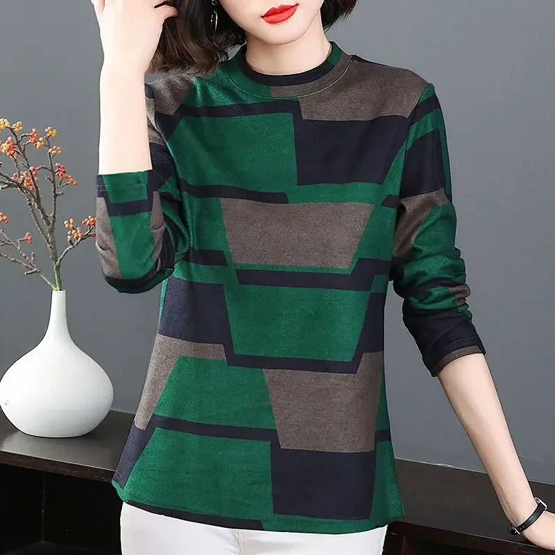 

Vintage Geometric Print Thicken Warm Middle Aged Women Long Sleeve Basic T-shirts Autumn Winter Casual Loose Top Female ZL569