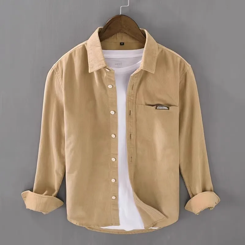 Rétro américain Sle Long Sve velours côtelé irt hommes coupe ample col pointu vêtements d'extérieur pour les jeunes hiver Faion