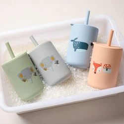 Baby Feeding Drinkware Straw Cup Cartoon Cat Baby Learning Feeding Cup Bib BPA Free Silicone Tableware Toddler Water Bottle
