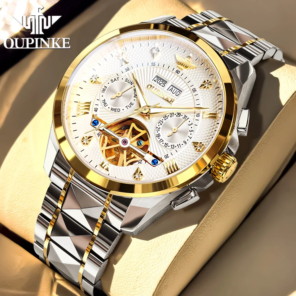 OUPINKE Watches Luxury Man Flywheel Mechanical Watch 50M Waterproof Perpetual calendar Watch Exquisite Gift Box 3270 Genuine